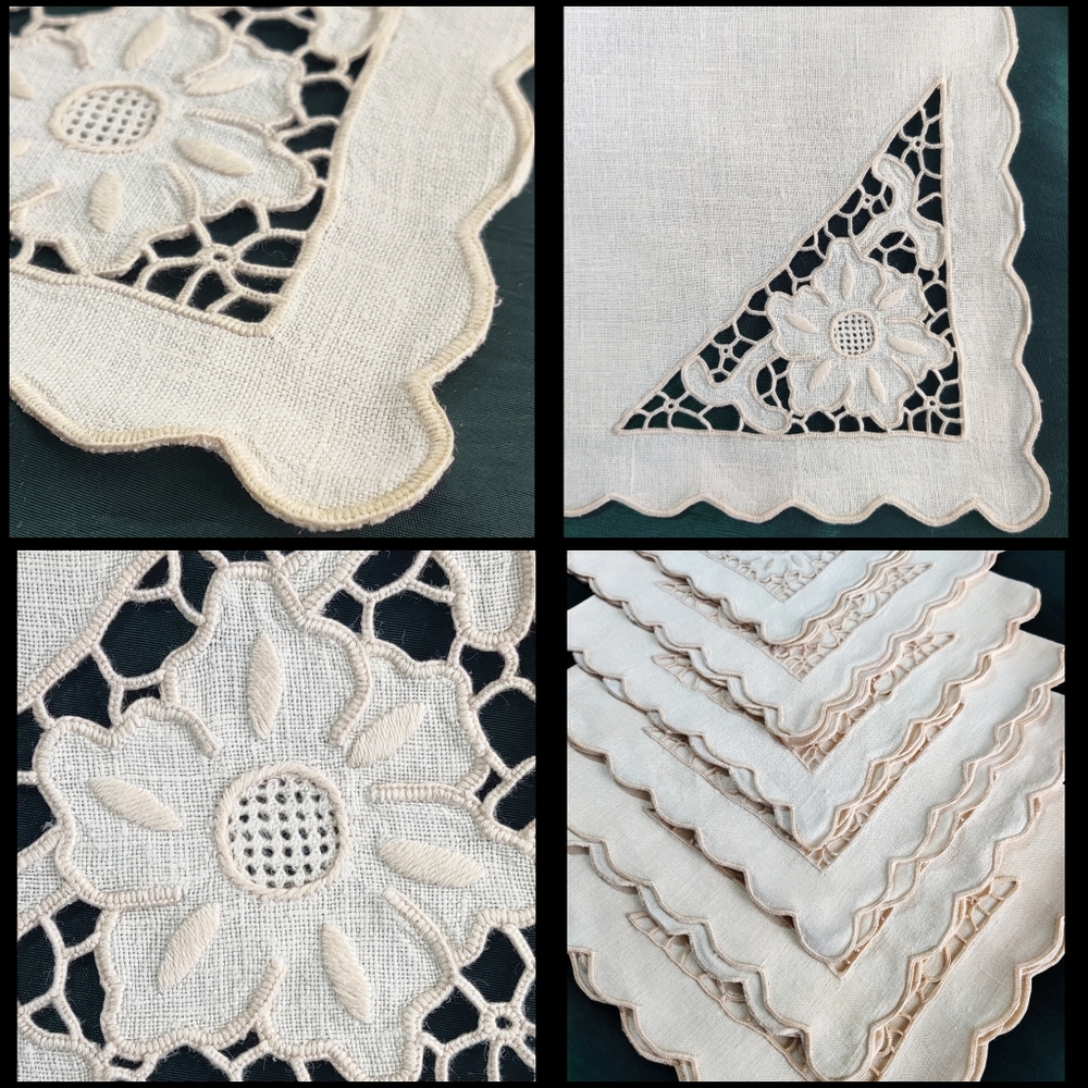 Vintage Madeira Lace Linen Cloth Dinner Napkins